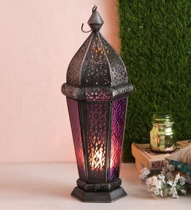 Wholesale Latest <b>Black</b> Antique Metal Moroccan Colored Glass Candle Holder <b>Lantern</b> for Home Tabletop Decorations - Product Image 4