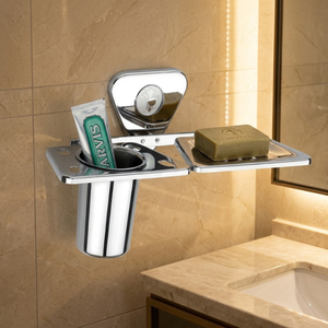 Porte-savon en acier inoxydable de qualité supérieure avec support pour gobelet pour salle de bain |   Support mural pour brosses à dents finition chromée avec égouttoir - Product Image 4
