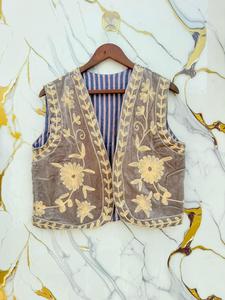 Suzani Brown Velour Floral Hand Embroidered Lightweight Short <b>Vest</b> Coat for <b>Women</b> Pullover Crew Neck Casual Boho Ethnic - Product Image 1