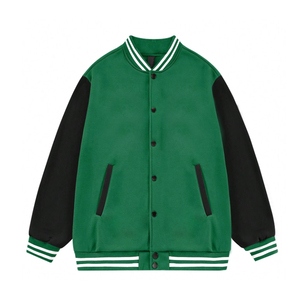 Custom Hooded Varsity Jacket Green Body Black Sleeves Unisex Letterman Jacket Striped Ribbed Collar Cuffs Hem Zipper Casual <b>Coat</b> - Product Image 2