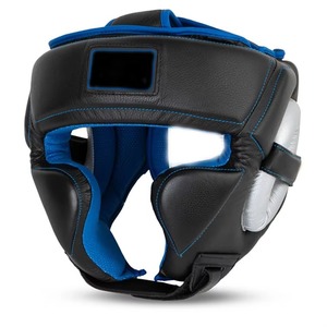 Casque de boxe professionnel intégral en PU, équipement de protection réglable avec fermeture auto-agrippante, noir et bleu, équipement de boxe écologique - Product Image 1