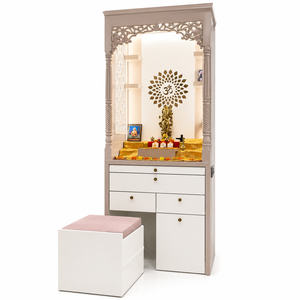 Luxury Traditional Solid Engineered Wood Home Temple Storage Carved Details Pooja <b>Mandir</b> Indoor Use Stool Dual Tone OEM Delhi - Product Image 1