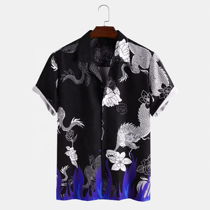 Chemise homme à manches courtes boutonnée, imprimé dragon noir personnalisé, sublimation numérique hawaïenne, été - Product Image 1