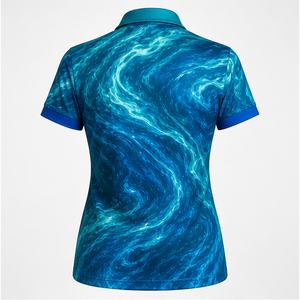 Polo à manches courtes en tissu marbré bleu électrique pour femme avec logo personnalisé, séchage rapide, sublimation, vêtements de sport pour le golf - Product Image 3