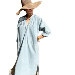 Light Blue Designer Plus Size Summer Kaftan For Women Long Sleeve Comfort Dress