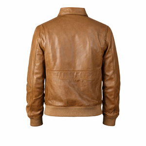 Chaqueta de Cuero Vacuno Genuino de Primera Calidad para Hombre, Estilo Bomber, para Motocicleta, Color Marrón, con Logotipo Frontal en Tela de Lona, para Invierno - Product Image 1