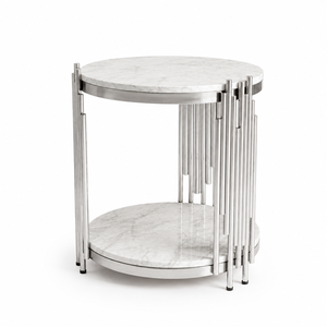 Table d'appoint ronde moderne en marbre avec cadre en métal doré brossé, étagère à deux niveaux pour salon, chambre à coucher, meubles durables - Product Image 6