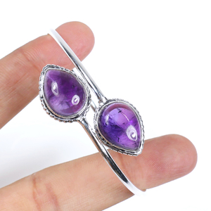 Natural Amethyst Two-Stone Teardrop Bangle <b>Bracelet</b> 925 Sterling <b>Silver</b> Plated Adjustable Open <b>Cuff</b> Jewelry for Wholesale - Product Image 1