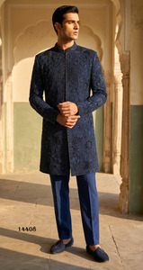 Sherwani Azul Indo Occidental para Hombre, Ropa Formal con Bordado Floral a Mano, Traje para Boda o Fiesta - Product Image 1
