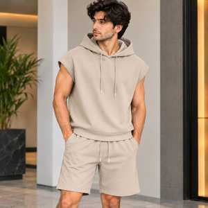 ชุดเซ็ตเสื้อฮู้ดแขนกุดและกางเกงขาสั้นสำหรับผู้ชาย Jerry Wear รุ่น Autumn Knitted สไตล์สปอร์ตแคชชวล ผ้าถัก ทรงหลวม ไหล่ตก ผลิตจากโพลีเอสเตอร์/คอตตอน แห้งเร็ว - Product Image 4