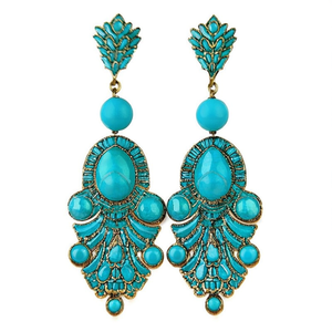 Peacock Patterned Turquoise Pearl Stud Hanging Earrings - Product Image 3