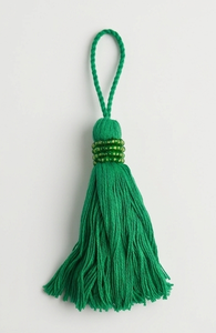 Green Fabric Tassel Decor With Beaded Detail Bohemian Style Hanging Ornament For Indoor Living Room Use - Product Image 2