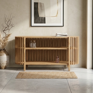 Solid Wood Living Room Cabinets Mid Century Modern Slatted <b>Sideboard</b> Oval <b>Storage</b> Credenza 3 Tier Wooden Display Shelves Unit - Product Image 4