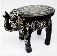 Tabouret en bois artisanal en forme d'éléphant avec motif Mandala, style Art Déco Bohème, décoration d'intérieur, mariage, motif noir et or, forme animale