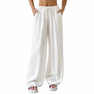 Pantalon en lin à taille haute et jambes larges pour femmes, coupe ample, couleur unie, longueur complète, pantalon décontracté d'été avec poches - Product Image 2