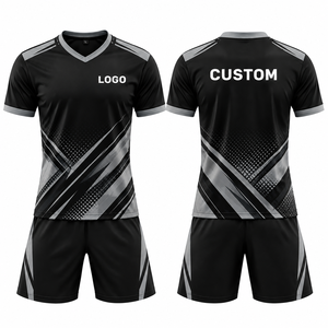 Ensemble de maillot de football personnalisé noir et gris, col en V, manches courtes, 100% polyester, impression sublimée, évacuation de l'humidité, pour hommes adultes - Product Image 1