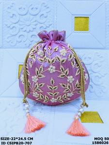 Sacs à main Potli de mariée en soie brodée haut de gamme, sacs cadeaux ethniques traditionnels pour femmes, doublure en coton, multifonctionnels - Product Image 3