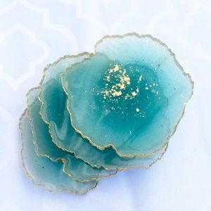 Emerald Green Resin Drink Coasters With Gold Foil Flakes Agate Geode Style <b>Cup</b> <b>Mat</b> For Office Desk Restaurant Tabletop Protectio - Product Image 3