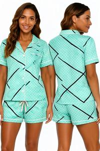 Ensemble de pyjama pour femmes à manches courtes à pois menthe avec col rabattu et fermeture boutonnée, vêtements de nuit d'été - Product Image 1