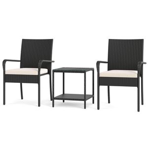 Set Bistrot da Esterno in PE Wicker Bianco a 3 Pezzi con Tavolino a 2 Livelli in Vetro Temperato e Sedia da Esterno per Donne - Product Image 3