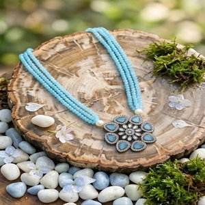 DIVYORO Women's Traditional TRIPLE-STRAND <b>BLUE</b> BEAD <b>NECKLACE</b> with FLORAL PENDANT Adjustable Length - Product Image 2