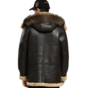 Chaqueta de Piel Genuina Marrón para Hombre, Forrada con Pelo de Oveja, Cálida para Invierno, con Cremallera y Capucha - Product Image 2