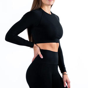 Vente en gros de vêtements de sport pour femmes avec logo personnalisé, hauts courts à manches longues extensibles sans couture, pantalons de yoga - Product Image 2