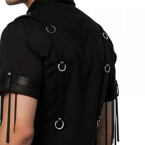 <b>Men's</b> Black Gothic Punk Shirt Short Sleeve Button Down D-Ring Fringed Sleeves Faux Leather Panel Factory Supplies - Product Image 6