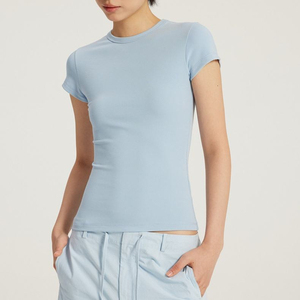 Camiseta de Verano para Mujer, Corte Ajustado, Cuello Redondo, Informal, Elástica, Tejida, 100% Algodón, Básica, Manga Corta, Transpirable, Color Sólido - Product Image 4