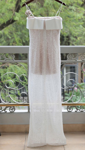 Robe longue maxi élégante et romantique en dentelle à fleurs roses, sexy, blanche, avec paillettes étoilées, pour des vacances de luxe, prête à être expédiée - Product Image 3