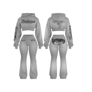 Women's <b>Pink</b> Hooded <b>Crop</b> <b>Top</b> And Pants Set Letter Print Casual Winter Outfit Full Sleeve Fleece Two Piece Sportswear - Product Image 2