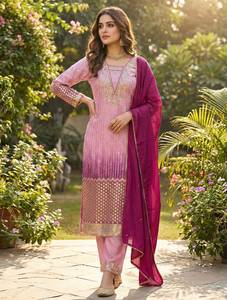 Designer Printed Sequence Embroidery And Lace Border Chinon <b>Top</b> With Pant And Dupatta Fully Stitched Ready To Wear Set - Product Image 1