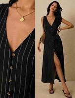 Robe midi sans manches à rayures verticales en tissu tissé marron pour femmes, boutonnée devant