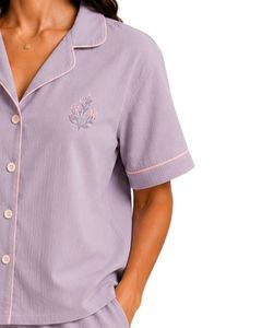 Ensemble pyjama violet lavande pour femmes, manches courtes, en coton popeline, vêtements de détente brodés, vêtements de nuit d'été, ensemble short boutonné - Product Image 4