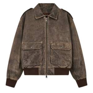 Chaqueta Bomber de Cuero Desgastado para Hombre en Color Marrón con Cierre de Cremallera de Diseño Elegante y Tela de Alta Calidad, Estilo Moderno - Product Image 1