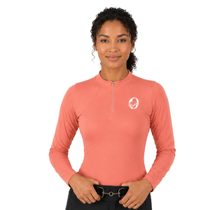 Haut de performance pour femme, manches longues, col zippé, extensible et respirant, pour l'équitation et l'entraînement équestre, couleur corail - Product Image 1