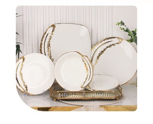 Pristine White Ceramic <b>Dinnerware</b> <b>Set</b> Grand Hand-Painted Gold Feather-Edge Trim Square Bowl Plate Eco-Friendly BPA Free Hotel - Product Image 2