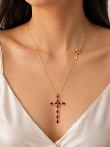 Custom Rhodium Plated <b>Necklace</b> Red <b>Ruby</b> Cross Pendant Pear Cut Gemstone Cluster Drop Chain Jewelry Women Holiday Gift Religious - Product Image 2