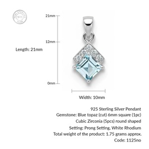 Rhaya Jewels - Colgante geométrico de plata 925 con topacio azul chapado en rodio, corte princesa, engaste de garra minimalista, solitario clásico - Product Image 4