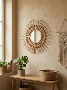Stylish Sunburst Shape Bamboo And Rattan <b>Mirror</b> Ideal For Living Room Wall Decor For Eye Catching Boho Statement Look - Product Image 3