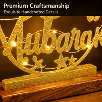Batteriebetriebenes Eid Mubarak Leuchtschild mit Goldglitter-Beschriftung und Poliertem Holzsockel für Eingangsbereich Heimdekoration