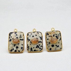Pendentif en jaspe dalmatien plaqué or sur argent 925, avec double tranche rectangulaire de jaspe dalmatien, fournitures de bijouterie - Product Image 1