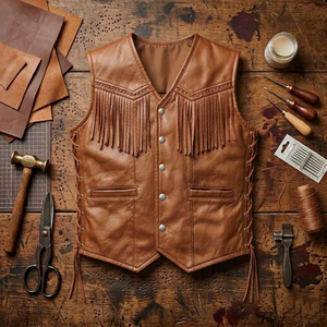 Chaleco de Cuero Genuino para Hombre con Flecos, Cuello en V, Cierre de Botón, Bordado a Mano, Ropa de Abrigo para Otoño - Product Image 1