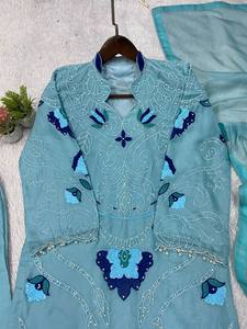 Ensemble indien pakistanais bleu clair brodé, tenue Sharara en maille perlée avec dupatta pour fête et mariage - Product Image 4