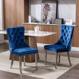 Sedia da Pranzo Moderna di Alta Gamma, Contemporanea, con Schienale Trapuntato, in Legno Massello, Rivestimento in Velluto, Gambe Cromate in Acciaio Inossidabile con Borchie - Product Image 1