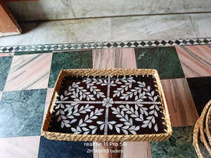 Premium Quality Round Rattan Tray with Mother of Pearl Inlay Artistic Design Perfect for Serving and Gifting from India - Product Image 6