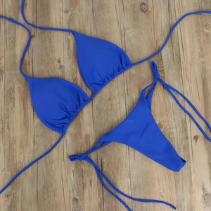 Ensemble bikini noir 2 pièces pour femme, haut triangle et bas string en Spandex Nylon, coupe extensible, style classique, maillot de bain à nouer - Product Image 6
