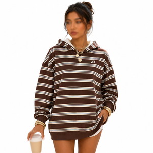Women's Brown Striped French Terry Pullover Hoodies Oversized Drop Shoulder Casual Streetwear Custom Logo Wholesale Supplier - Product Image 1