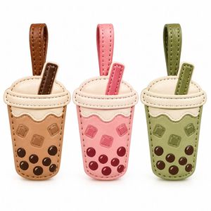 Porte-clés Bubble Tea avec cuir PU personnalisé gravé et sangle cousue pour cadeaux promotionnels - Product Image 2