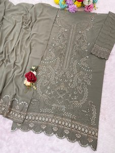 Ensemble Salwar en soie brodée vert olive pour femme avec dupatta, tenue traditionnelle indienne et pakistanaise pour mariage, coupe ample, longueur au sol - Product Image 2